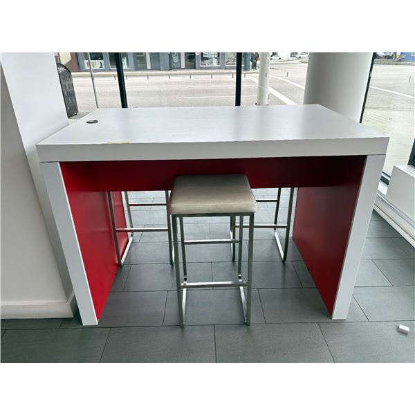 L2 - High-top Counter Table set with a white-and-red design, plus 3 Matching Bar Stools