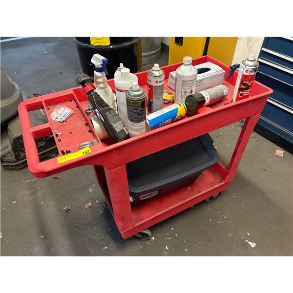 L2 - Red Plastic Rolling Utility Service Cart Loaded with Automotive Detailing Chemicals and Supplie