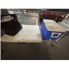Image 4 : L2 - Chrome Wire Rolling Storage Rack Loaded with Assorted Child Safety Seats and Miscellaneous Gear