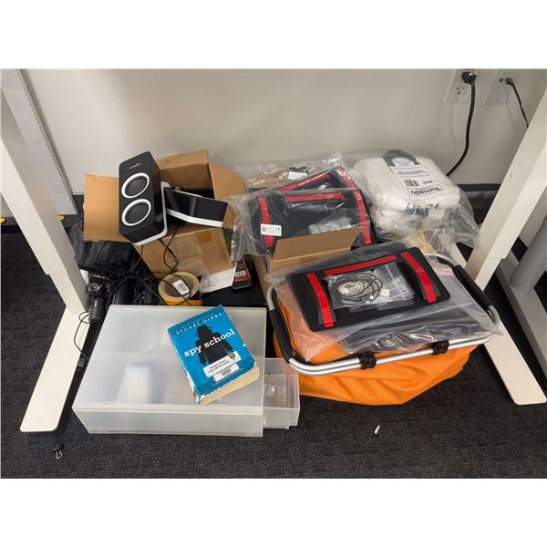 L2 - Assorted Office & Facility Lot: Logitech Speakers, Tesla License Plate Frames, Vacuum Bags, Sto
