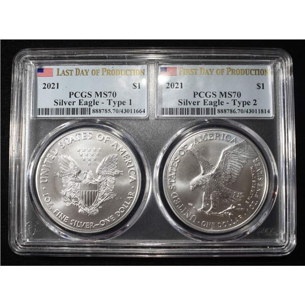 2021 AMERICAN SILVER EAGLES TYPE 1 & 2 PCGS MS70