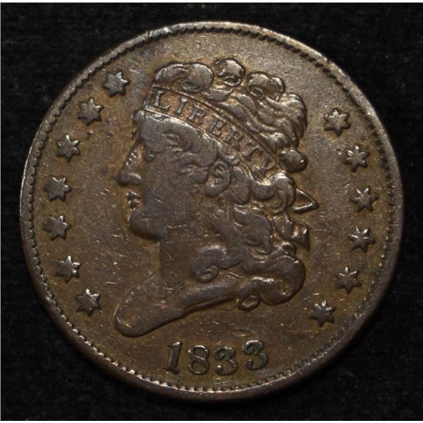1833 HALF CENT VF/XF