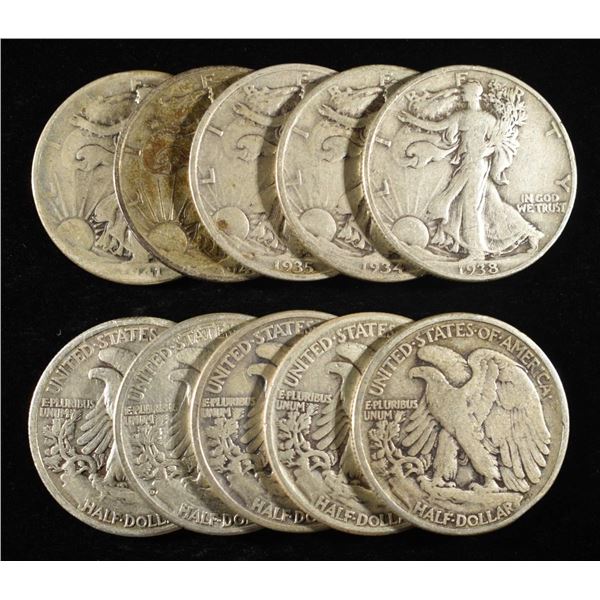 (10) 90% SILVER WALKING LIBERTY HALF DOLLARS