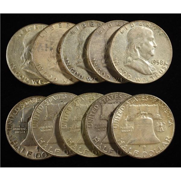(10) 90% SILVER FRANKLIN HALF DOLLARS