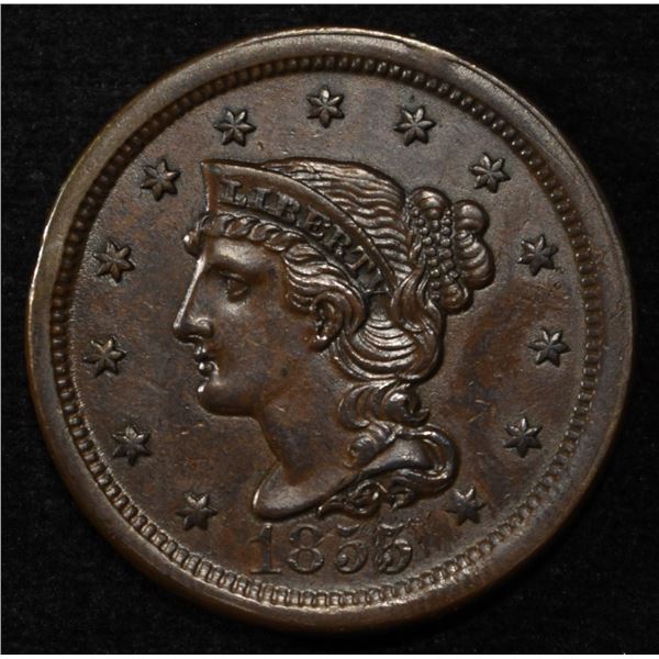 1855 BRAIDED HAIR LARGE CENT UPRIGHT 5 CH UNC