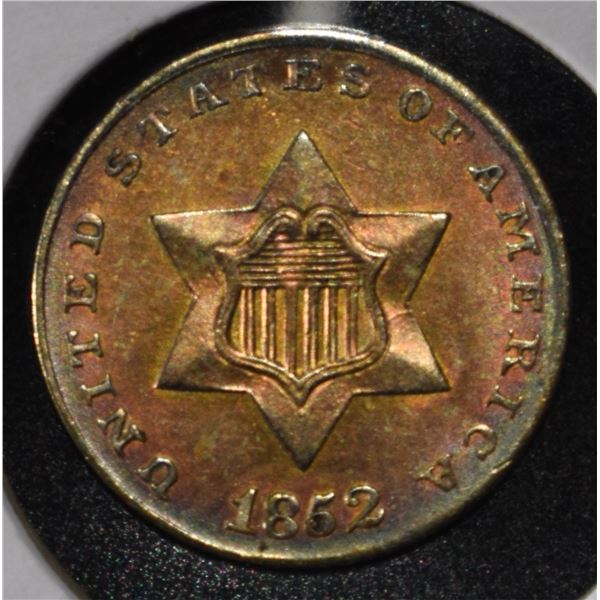 1852 3-CENT SILVER GEM BU TONED