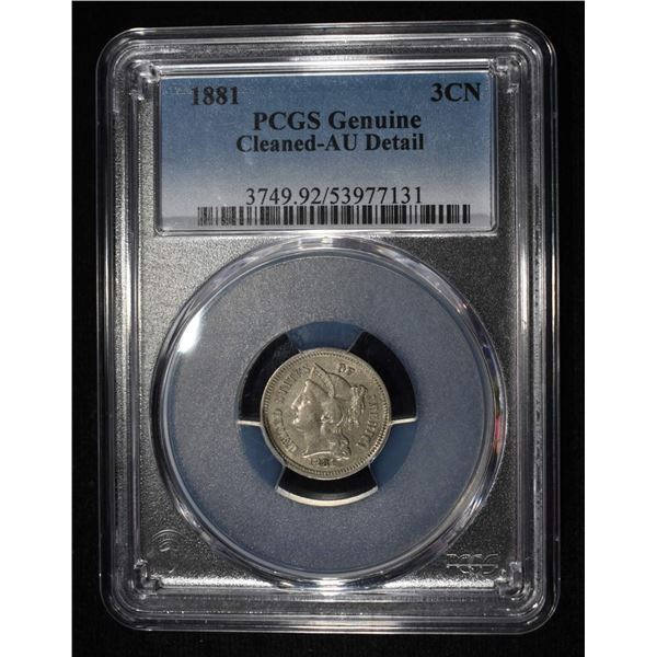 1881 3-CENT NICKEL PCGS GENUINE CLEANED-AU DETAIL