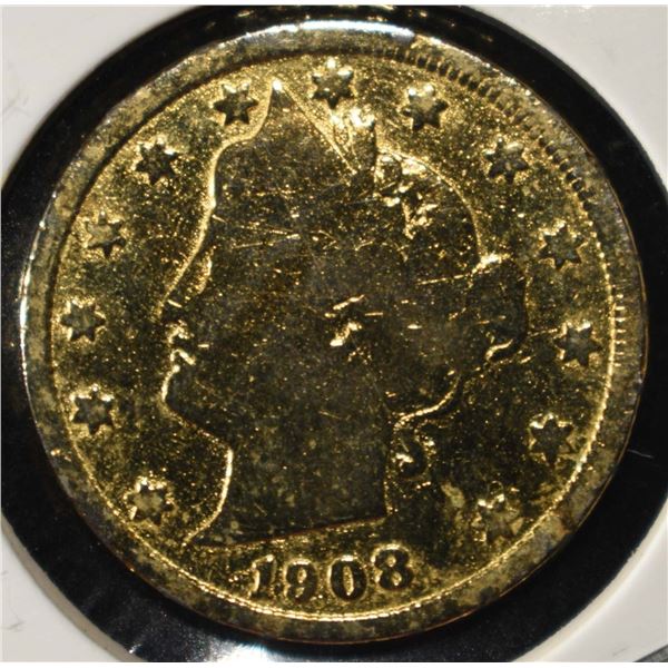 1908 'V' NICKEL GOLD PLATED AU/BU