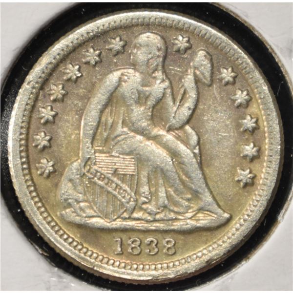 1838 SEATED LIBERTY DIME AU