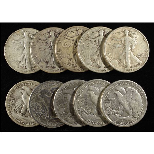 (10) 90% SILVER WALKING LIBERTY HALF DOLLARS