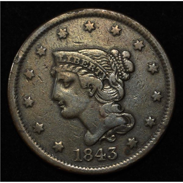 1843 LARGE CENT XF