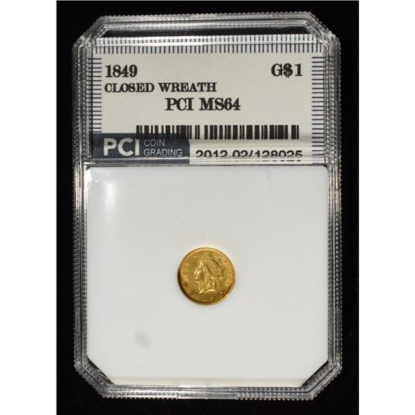 1849 $1 GOLD TYPE 1 PCI GEM BU CLOSED WREATH