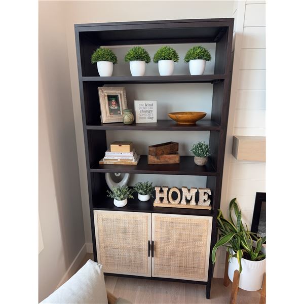 Dark Wood Bookcase with Woven Panel Doors, 36"W x 72"H x 16"D
