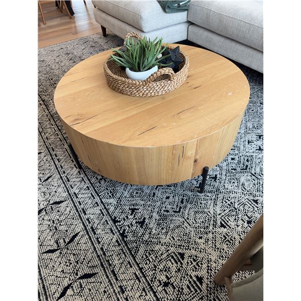 Round Oak Coffee Table with Black Metal Legs