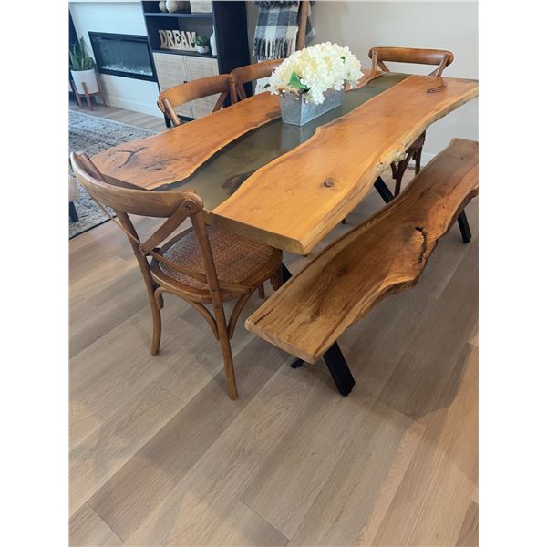 Live Edge Wood And Resin Dining Table Set With Four Chairs And Bench