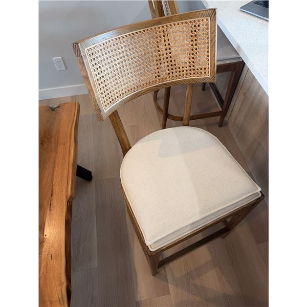 Wood and Cane Bar Stool with Upholstered Seat