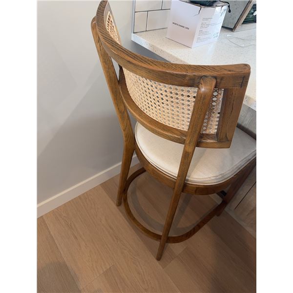 Wood and Cane Bar Stool with Beige Cushion