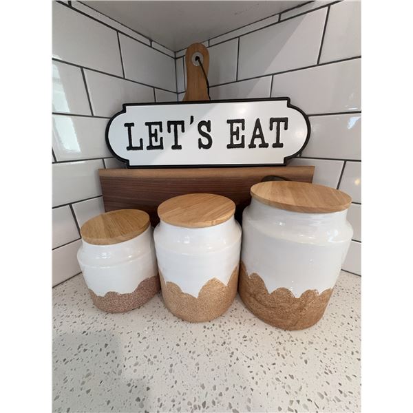 3 Ceramic and Wood Kitchen Canisters