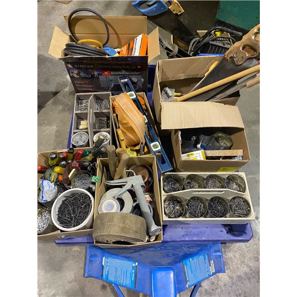 Lot of boxes of nails and hand tools