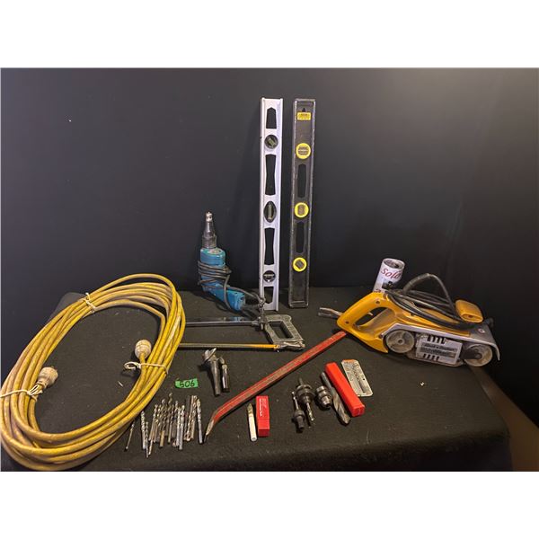Tool lot including drill, sander, drill bits, levels and more