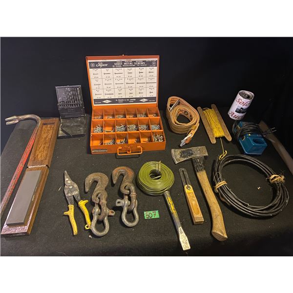 Box of sheet metal screws, hand tools