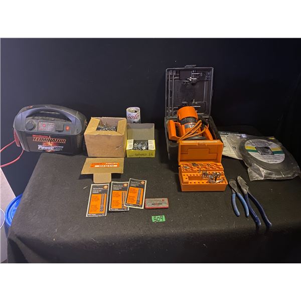 Lot of tools including laminate trimmer, auto battery charger, hand tools and more