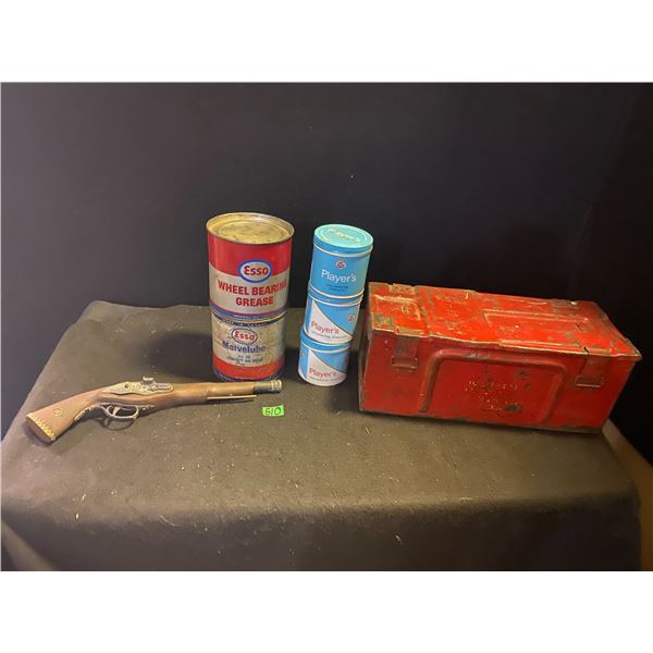 Metal chest, vintage collectors cans, toy gun