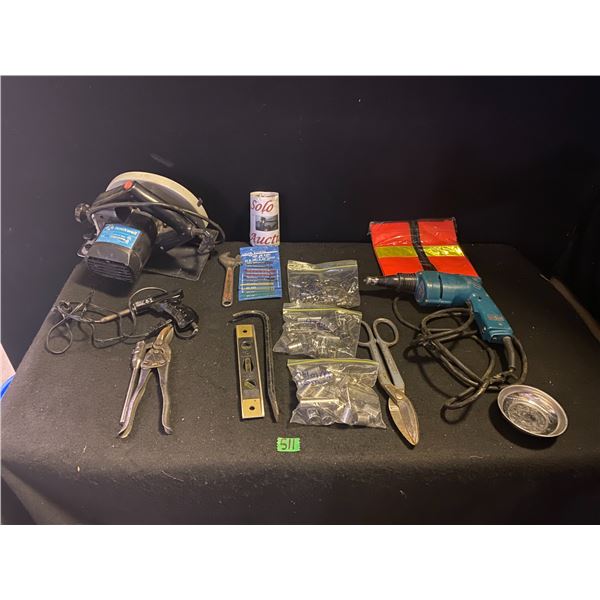Lot of tools including Rockwell circular saw, corded drill, hand tools
