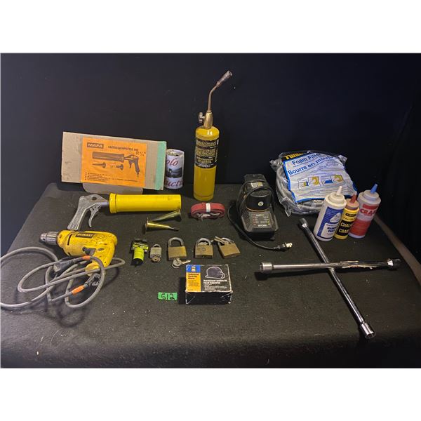 Tools including DeWalt drill, Ryobi battery charger, tire wrench and more