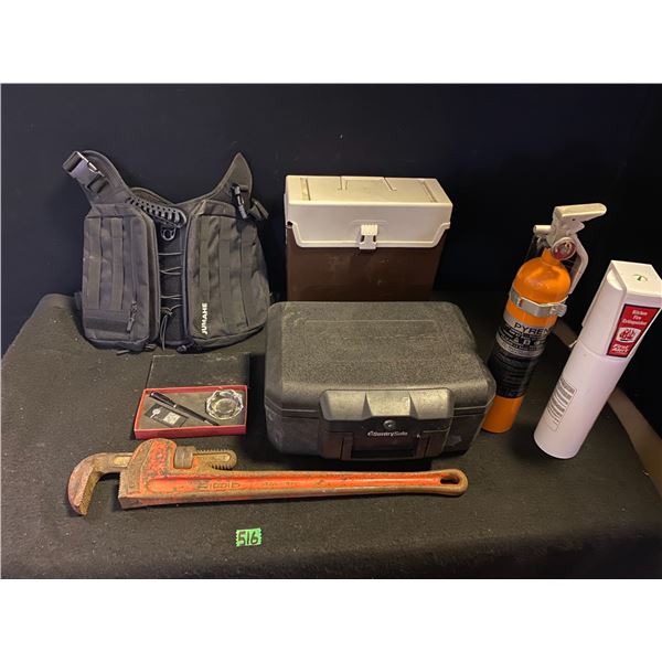 Assorted lot with fire extinguisher, pipe wrench, safe and more