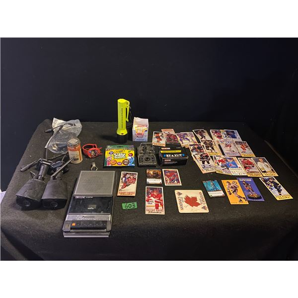 Assorted lot with hockey cards, cassette player and more