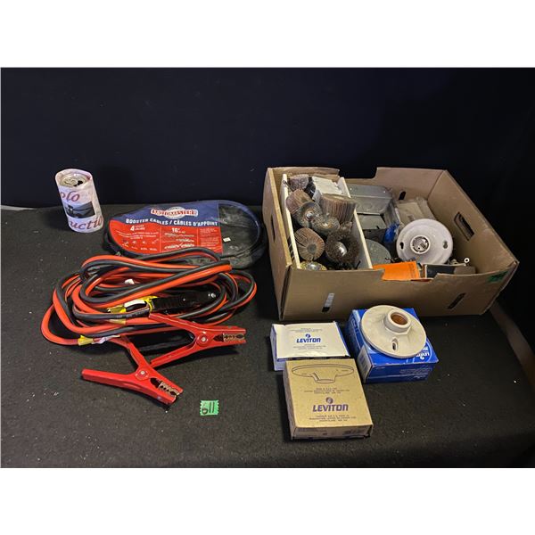 Booster cables, drill bit items, and electrical supplies