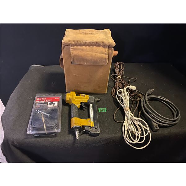 Stanley nail gun, tool bag, electric extension cords, winch strap