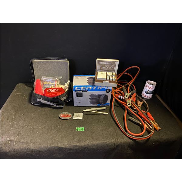 Tire covers, booster cables, auto first aid kit and more