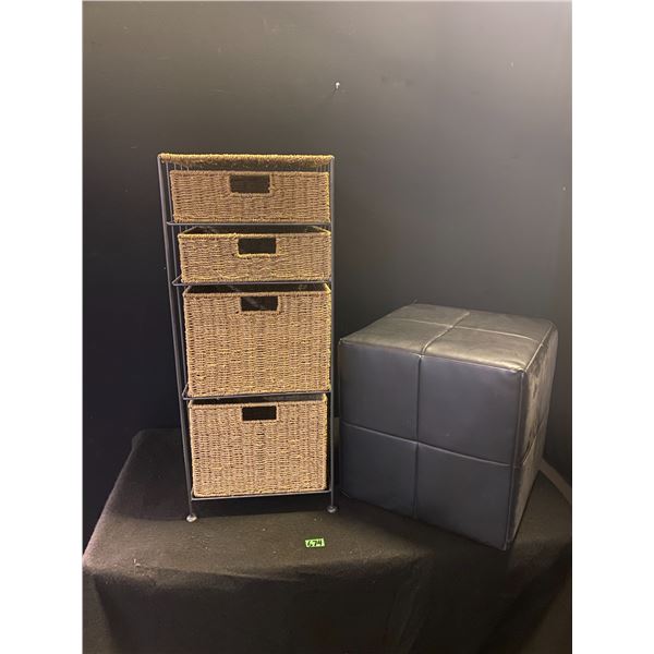 Storage bin with wicker drawers and foot stool