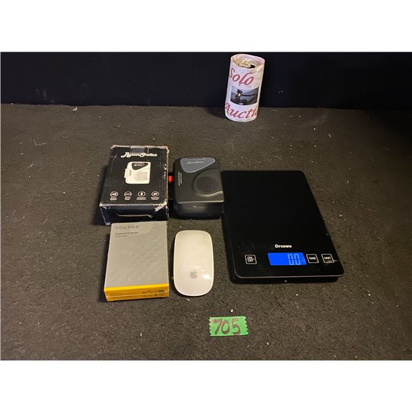 Portable cassette player, kitchen scale and Apple brand mouse