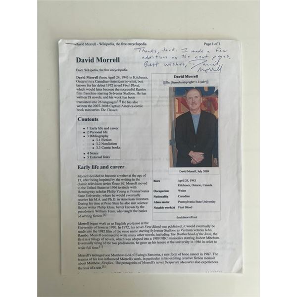 Best-selling  Rambo author David Morrell signed printed bio