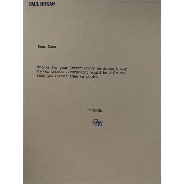 Crocodile Dundee Paul Hogan signed letter