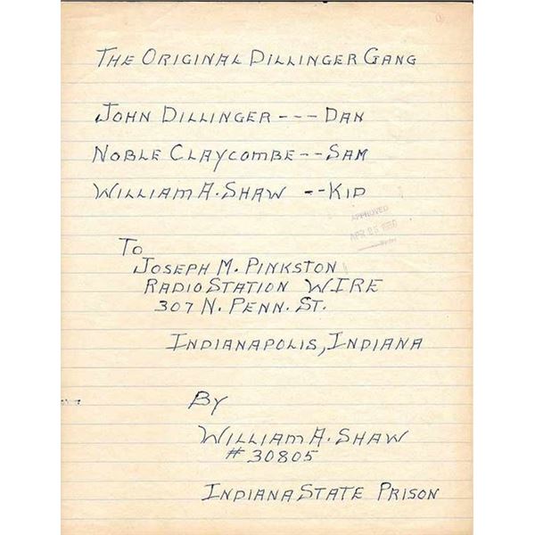 John Dillinger Gang Member William A. Shaw Signed manuscript