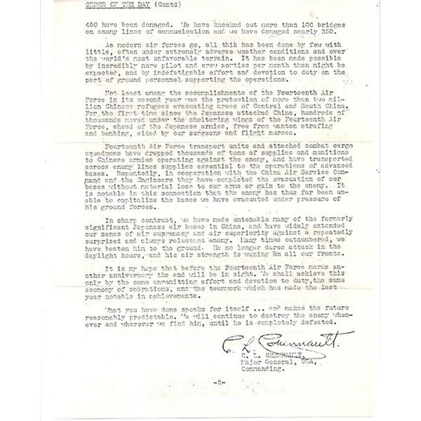 RARE World War 2 Flying Tigers  Claire L Chennault Signed Letter