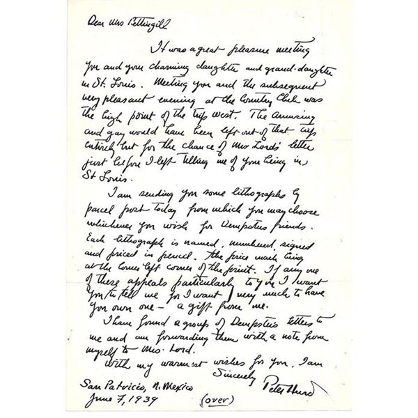 Western Landscape Painter Peter Hurd handwritten signed letter