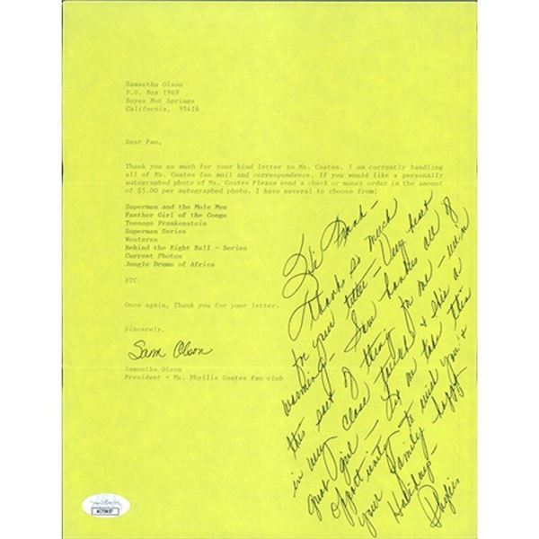 Adventures Of Superman Phyllis Coates Signed 8.5x11 Request Letter Page JSA Authenticated