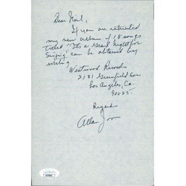 Marx Brothers Actor Allan Jones Signed 6x9 Hand Written Letter JSA Authenticated