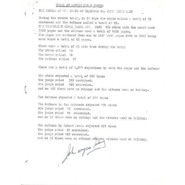Killer Clown John Wayne Gacy Signed Trial Statistics Page