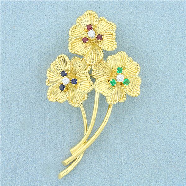 Designer Dankner Flower Pin with Emerald, Sapphire, Ruby, and Diamond in 18K Yellow Gold