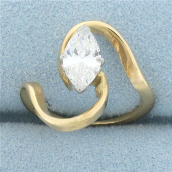 Unique Freeform Designer Marquise Diamond Engagement Ring in 14k Yellow Gold