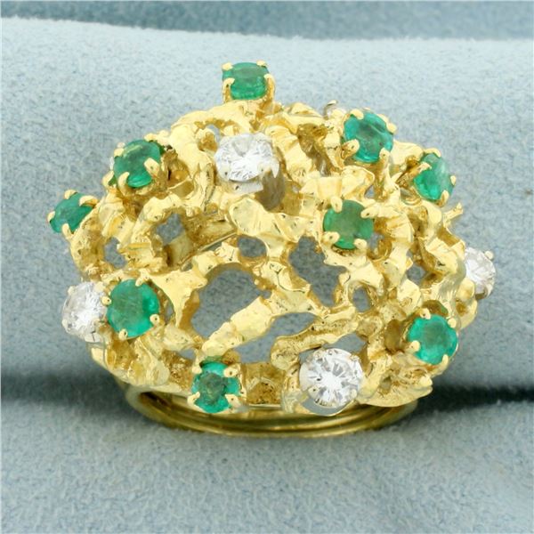 Designer Nugget Emerald and Diamond Statement Ring in 18K Yellow Gold