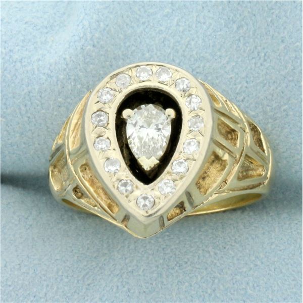Mens Vintage Pear Diamond Ring in 14K Yellow Gold