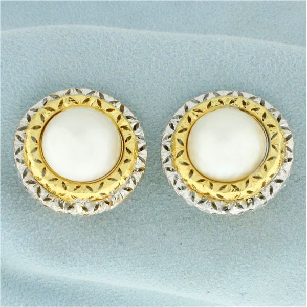 Vintage Mabe Pearl Clip on Statement Earrings in 18K Yellow and White Gold