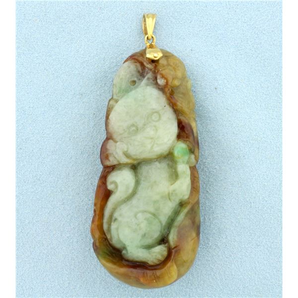 Vintage Chinese Hand Carved Jade Cat Pendant in 14K Yellow Gold